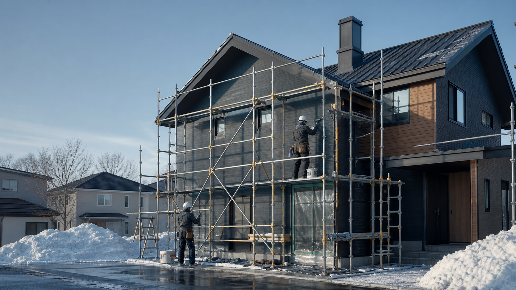 雪の残る札幌の住宅で足場を組み、外壁塗装の準備をする職人